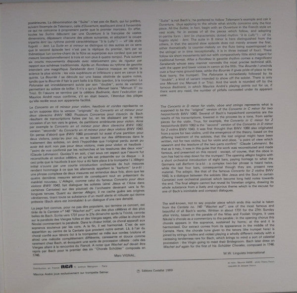Maurice André interprète J.S. Bach* - Huguette Fernandez - Orchestre De Chambre Jean-François Paillard : Suite En Si Mineur - Concerto Pour Violon & Trompette - Cantate 140 Choral (LP, Pur)