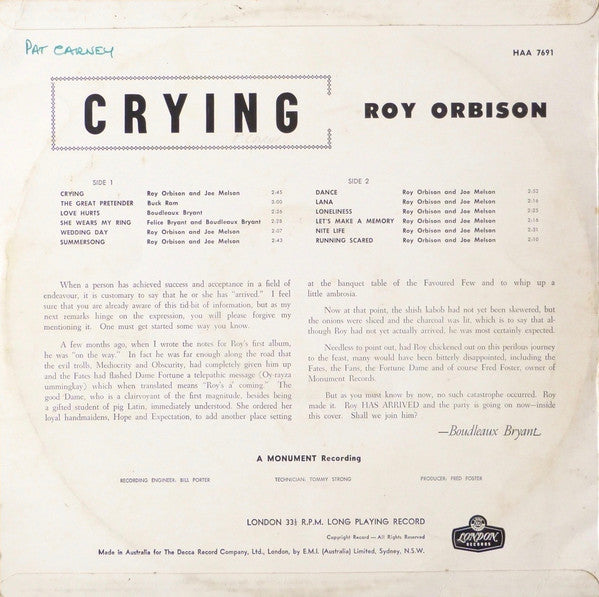 Roy Orbison : Crying (LP, Album, Mono)
