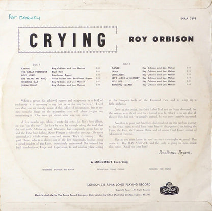 Roy Orbison : Crying (LP, Album, Mono)