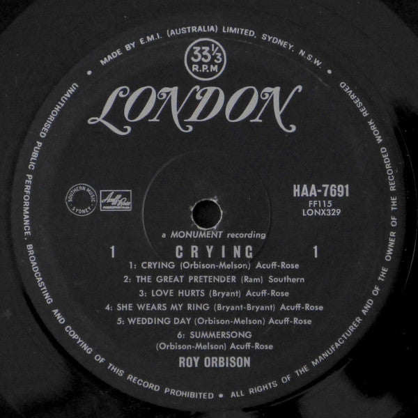Roy Orbison : Crying (LP, Album, Mono)