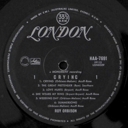 Roy Orbison : Crying (LP, Album, Mono)