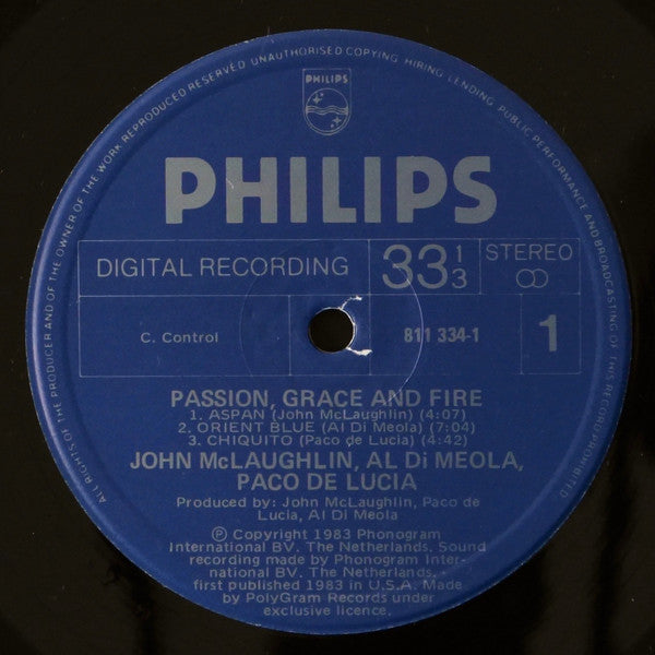 John McLaughlin - Al Di Meola - Paco De Lucía : Passion, Grace & Fire (LP, Album)