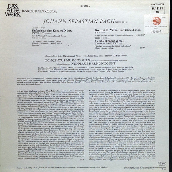 Johann Sebastian Bach, Concentus Musicus Wien, Alice Harnoncourt · Jürg Schaeftlein · Herbert Tachezi, Nikolaus Harnoncourt : Doppelkonzert Für Violine Und Oboe / Cembalokonzert D-Moll (LP, RE)