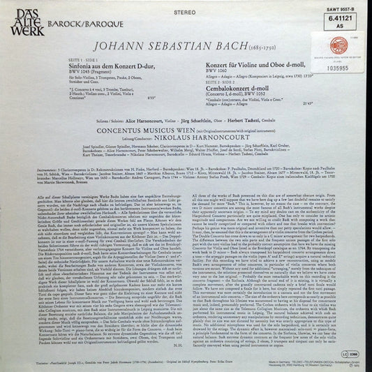 Johann Sebastian Bach, Concentus Musicus Wien, Alice Harnoncourt · Jürg Schaeftlein · Herbert Tachezi, Nikolaus Harnoncourt : Doppelkonzert Für Violine Und Oboe / Cembalokonzert D-Moll (LP, RE)