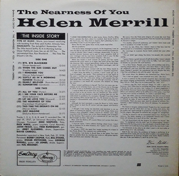 Helen Merrill : The Nearness Of You (LP, Album, Mono)