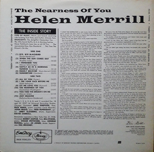 Helen Merrill : The Nearness Of You (LP, Album, Mono)
