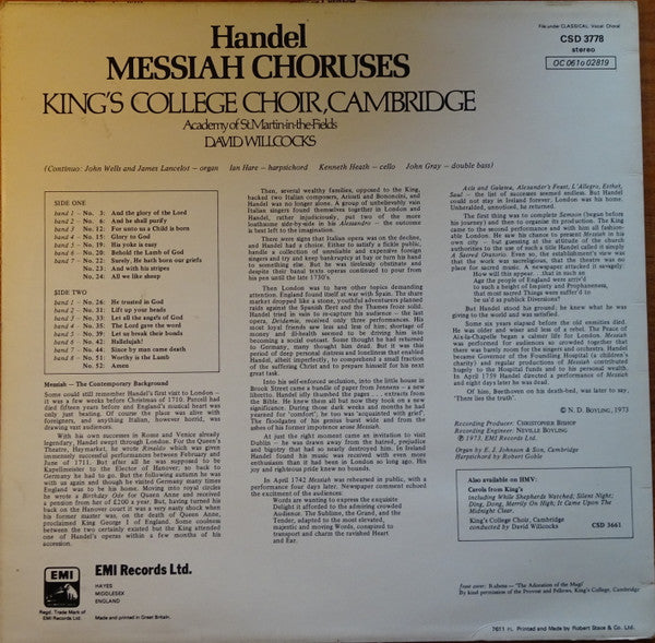 Handel*, King's College Choir, Cambridge*, Academy Of St. Martin-in-the-Fields*, David Willcocks : Messiah Choruses (LP)