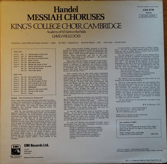 Handel*, King's College Choir, Cambridge*, Academy Of St. Martin-in-the-Fields*, David Willcocks : Messiah Choruses (LP)