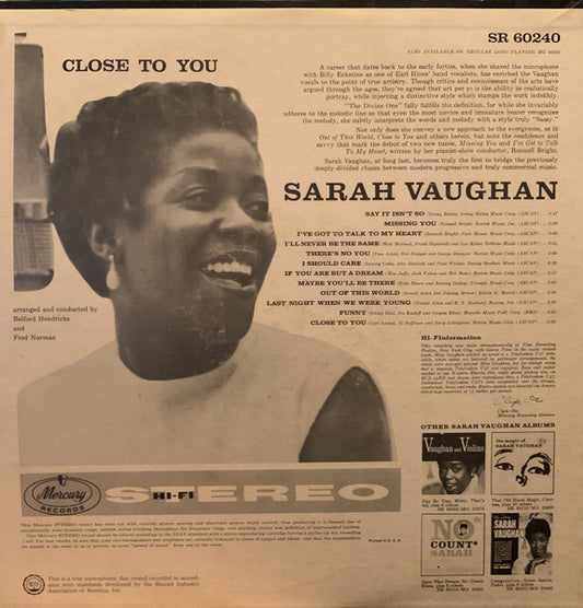 Sarah Vaughan : Close To You (LP, Album)