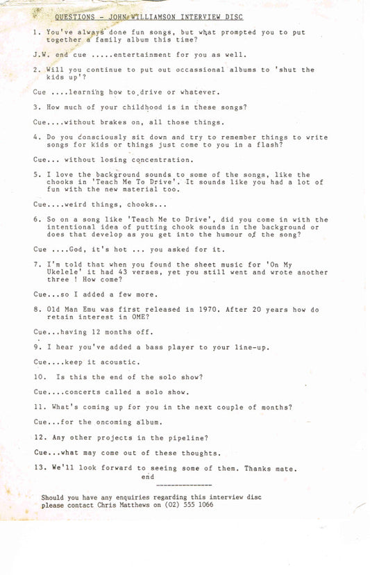 John Williamson : JW'S Family Album - Radio Interview (LP, W/Lbl, Int)