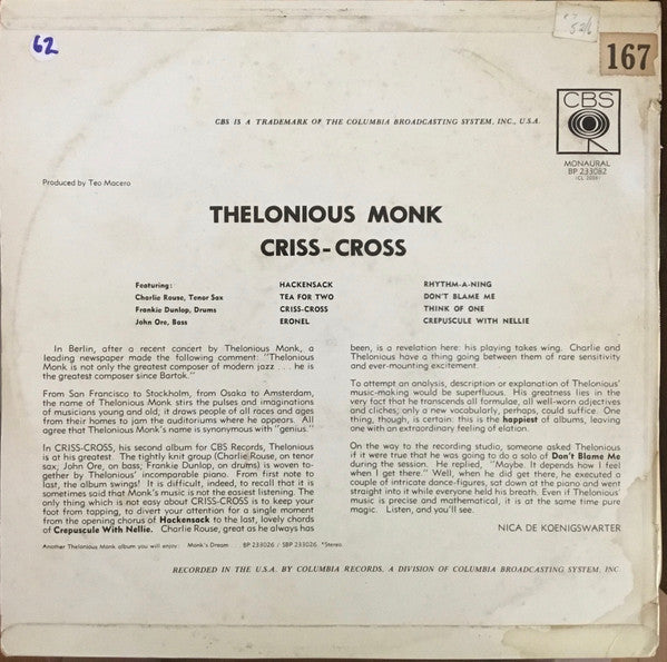 Thelonious Monk : Criss-Cross (LP, Album, Mono)