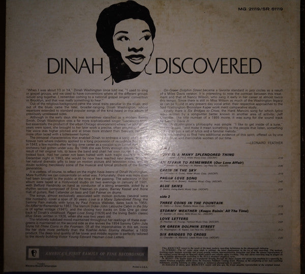 Dinah Washington : Dinah Discovered (LP, RE)