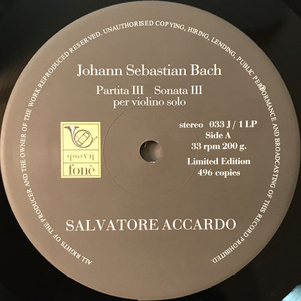 Salvatore Accardo, Johann Sebastian Bach : Partita III  Sonata III, per violino solo (LP, Album, Ltd, 200)