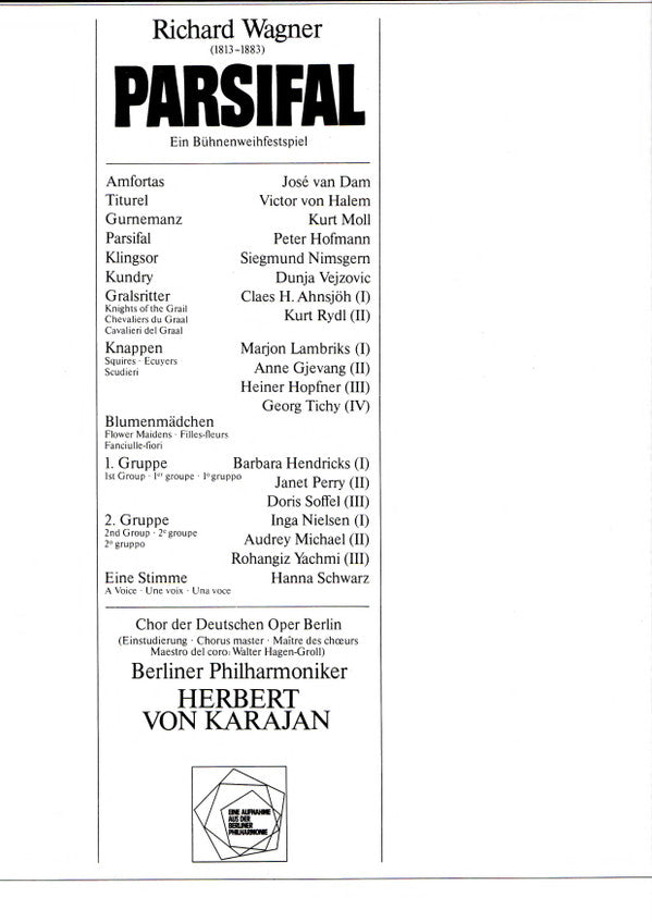 Richard Wagner, Peter Hofmann • Dunja Vejzović • Kurt Moll • José van Dam • Siegmund Nimsgern • Victor von Halem, Chor Der Deutschen Oper Berlin, Berliner Philharmoniker, Herbert von Karajan : Parsifal (5xLP, Album + Box)