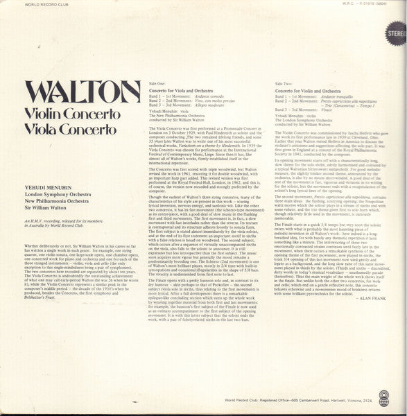 Sir William Walton, Yehudi Menuhin, London Symphony Orchestra, New Philharmonia Orchestra, Sir William Walton : Violin Concerto • Viola Concerto (LP, Album, Club)