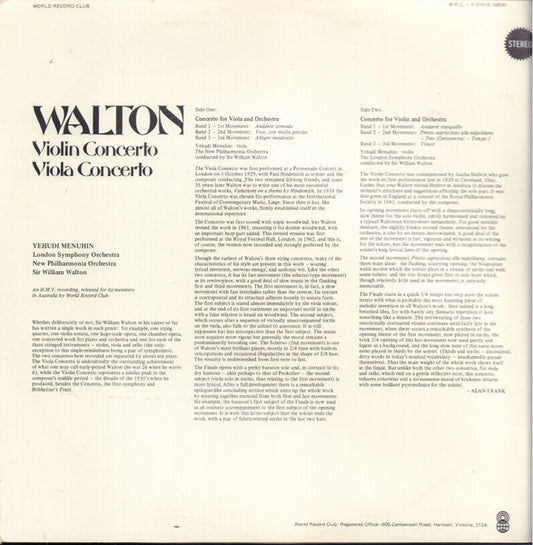 Sir William Walton, Yehudi Menuhin, London Symphony Orchestra, New Philharmonia Orchestra, Sir William Walton : Violin Concerto • Viola Concerto (LP, Album, Club)