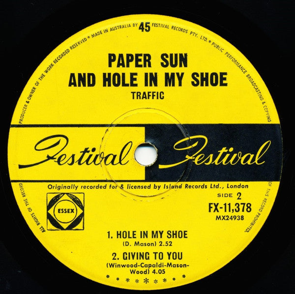 Traffic : Paper Sun & A Hole In My Shoe (7", EP, Mono)