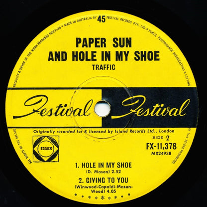 Traffic : Paper Sun & A Hole In My Shoe (7", EP, Mono)