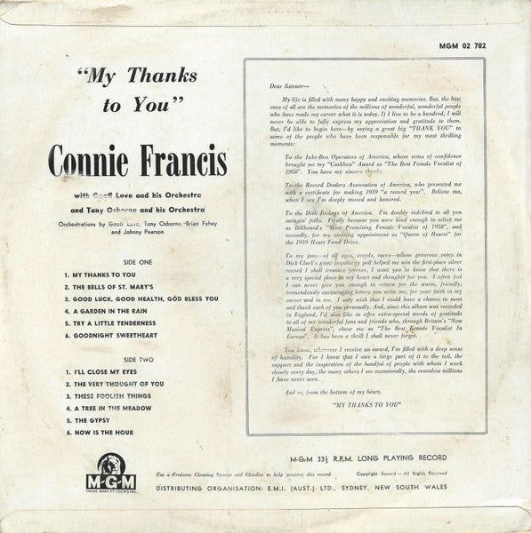 Connie Francis : My Thanks To You (LP, Album, Mono)