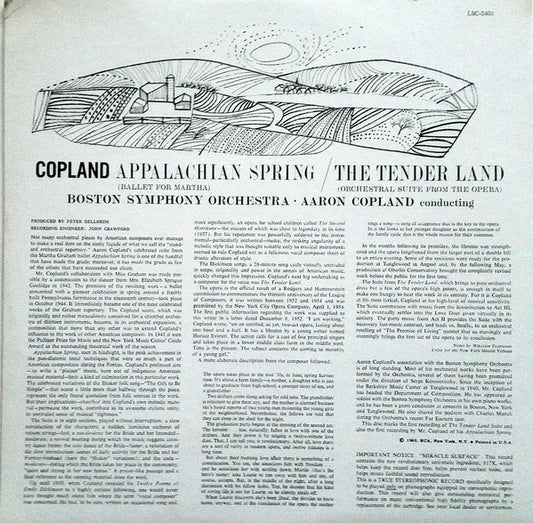 Aaron Copland / Boston Symphony Orchestra Conducted By Aaron Copland : Appalachian Spring / The Tender Land - Suite (LP, RE)