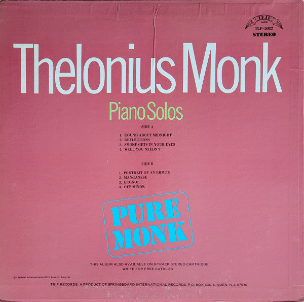 Thelonius Monk* : Pure Monk: Thelonius Monk Piano Solos (LP, Album, RE)