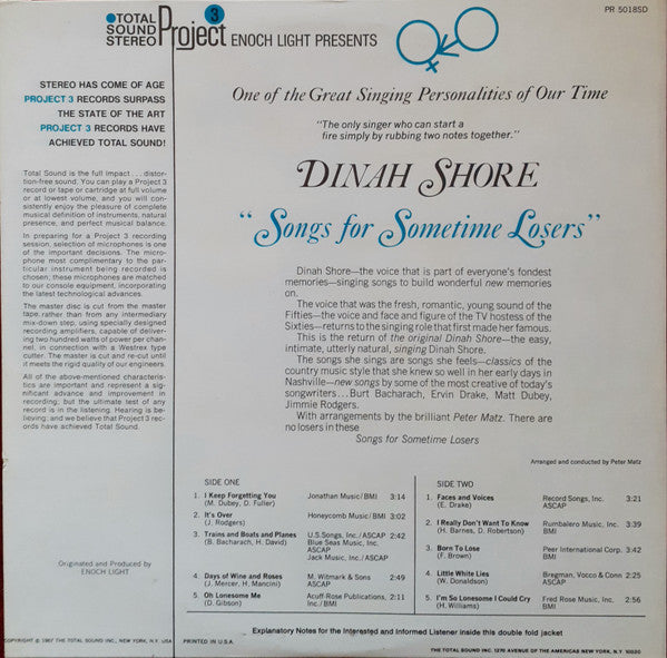 Dinah Shore : Songs For Sometime Losers (LP, Album)