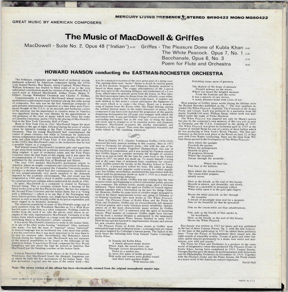 Edward MacDowell, Charles Griffes, Eastman-Rochester Orchestra, Howard Hanson : Suite No. 2 "Indian" / The Pleasure Dome Of Kubla Khan / The White Peacock / Bacchanale / Poem For Flute And Orchestra (LP)