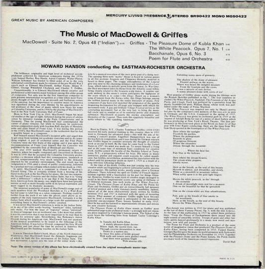 Edward MacDowell, Charles Griffes, Eastman-Rochester Orchestra, Howard Hanson : Suite No. 2 "Indian" / The Pleasure Dome Of Kubla Khan / The White Peacock / Bacchanale / Poem For Flute And Orchestra (LP)