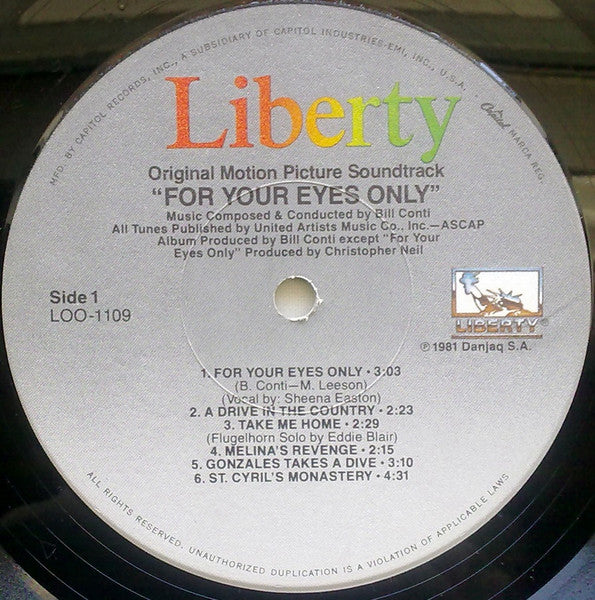 Bill Conti : For Your Eyes Only (Original Motion Picture Soundtrack) (LP, Album, Win)