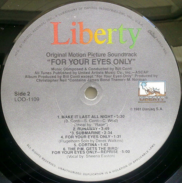Bill Conti : For Your Eyes Only (Original Motion Picture Soundtrack) (LP, Album, Win)