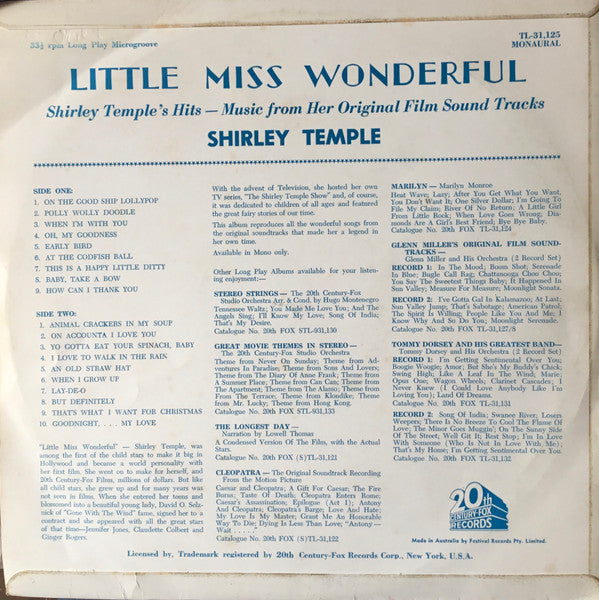 Shirley Temple : Little Miss Wonderful (Music From Her Original Film Soundtracks) (LP, Album, Comp, Mono)