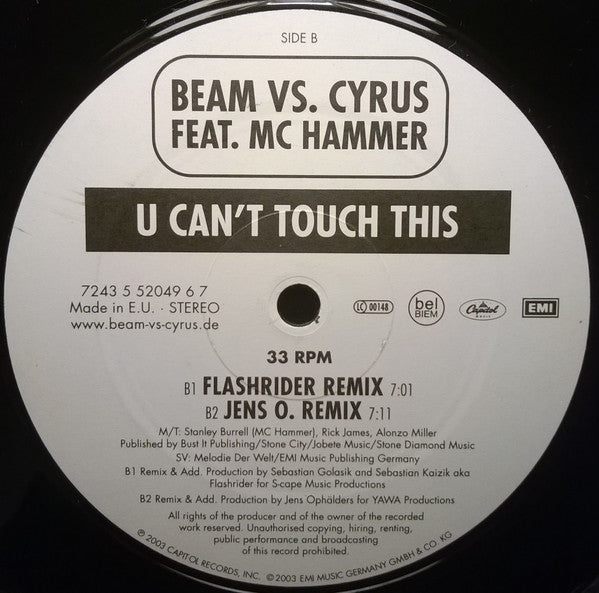 Beam Vs. Cyrus Feat. MC Hammer : U Can't Touch This (12", Etch)