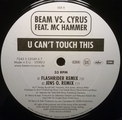 Beam Vs. Cyrus Feat. MC Hammer : U Can't Touch This (12", Etch)