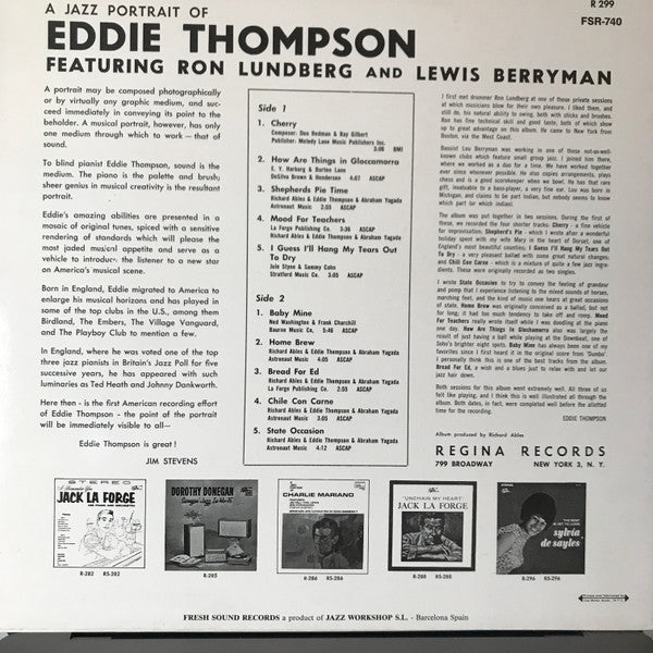 Eddie Thompson Featuring Ron Lundberg And Lewis Berryman : A Jazz Portrait Of Eddie Thompson (LP, Album, RE)