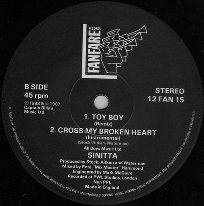 Sinitta : Cross My Broken Heart (Cupid's Avenging Mix) (12", EP)
