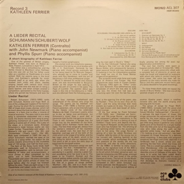 Kathleen Ferrier, John Newmark, Phyllis Spurr, Robert Schumann, Franz Schubert, Hugo Wolf : A Lieder Recital (Record 3) (LP, Comp, Mono)