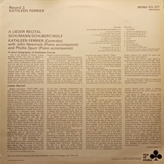 Kathleen Ferrier, John Newmark, Phyllis Spurr, Robert Schumann, Franz Schubert, Hugo Wolf : A Lieder Recital (Record 3) (LP, Comp, Mono)