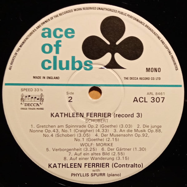 Kathleen Ferrier, John Newmark, Phyllis Spurr, Robert Schumann, Franz Schubert, Hugo Wolf : A Lieder Recital (Record 3) (LP, Comp, Mono)