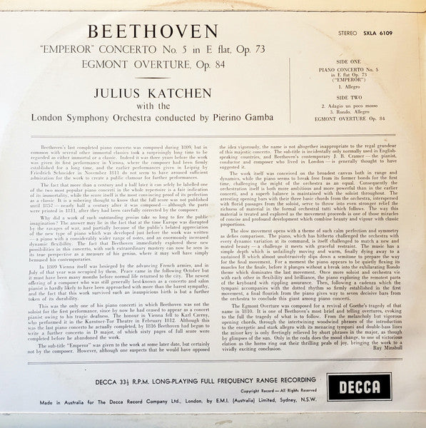 Ludwig van Beethoven, Julius Katchen, London Symphony Orchestra, Pierino Gamba : Piano Concerto No.5 In E Flat "Emperor" / Egmont Overture (LP)