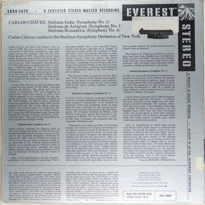 Carlos Chávez Conducting The Stadium Symphony Orchestra Of New York : Sinfonia India / Sinfonia De Antigona / Sinfonia Romantica (Symphony No. 4)  (LP, RP, Sil)