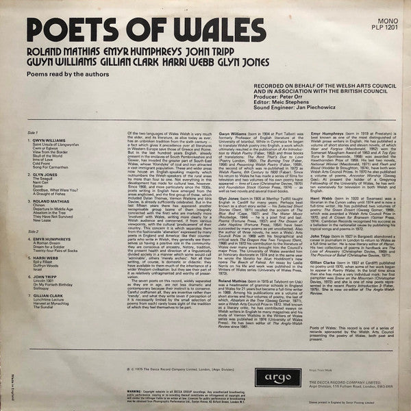 Roland Mathias, Emyr Humphreys, John Tripp, Gwyn Williams, Gillian Clarke, Harri Webb, Glyn Jones (4) : Poets Of Wales (LP, Album, Mono)