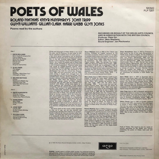 Roland Mathias, Emyr Humphreys, John Tripp, Gwyn Williams, Gillian Clarke, Harri Webb, Glyn Jones (4) : Poets Of Wales (LP, Album, Mono)