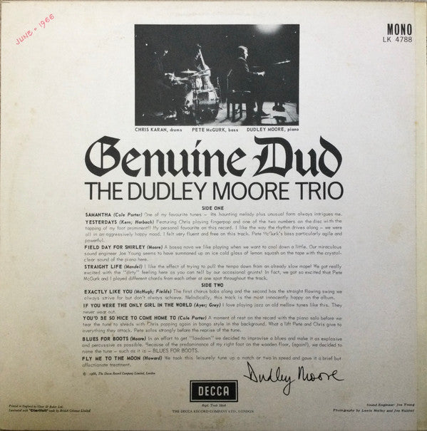 Dudley Moore Trio : Genuine Dud (LP, Album, Mono)