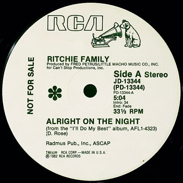 The Ritchie Family : Alright On The Night (12", Promo)