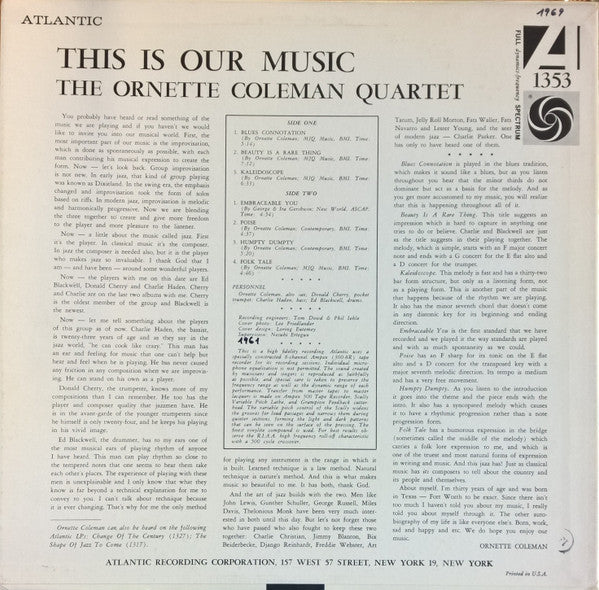 The Ornette Coleman Quartet : This Is Our Music (LP, Album, Mono, MGM)