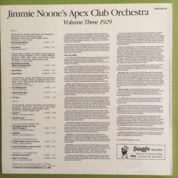 Jimmie Noone's Apex Club Orchestra : Volume Three 1929 (LP, Comp, Mono, RM)