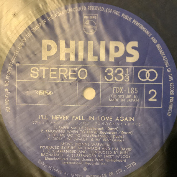 Dionne Warwick = Dionne Warwick : I'll Never Fall In Love Again (LP, Album)