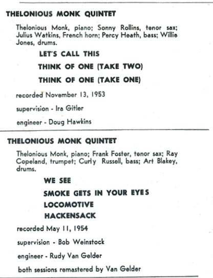 Thelonious Monk with Sonny Rollins and Frank Foster : Monk (LP, Album, RE, RM)