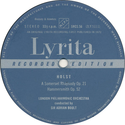 Gustav Holst, Sir Adrian Boult, London Philharmonic Orchestra : A Somerset Rhapsody / Hammersmith • Scherzo • Beni Mora (LP, Album)