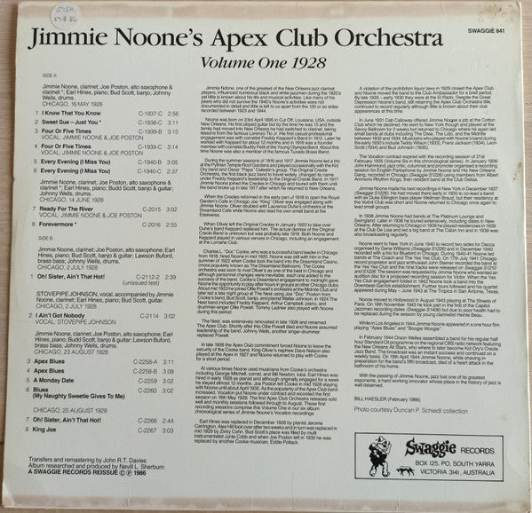 Jimmie Noone's Apex Club Orchestra : Volume One 1928 (LP, Comp, Mono, RE)